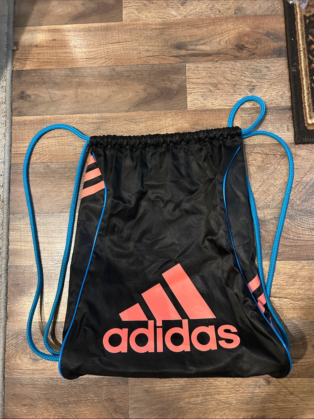 adidas Black Gym Sack with Coral Logo and Blue Drawcords
